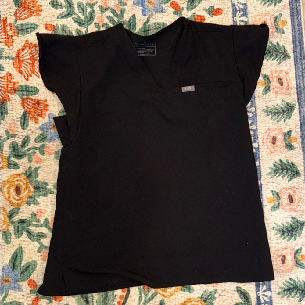Figs Black Ruffle Sleeved V-Neck Scrub Top